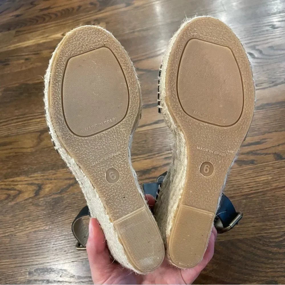 SOLUDOS Black Leather Espadrille Wedge Sandals